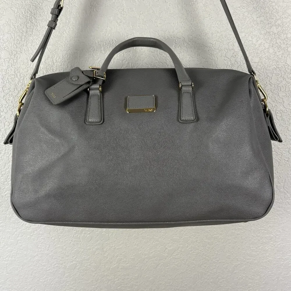 Tumi Gray Leather Weekender Bag with Gold Hardware